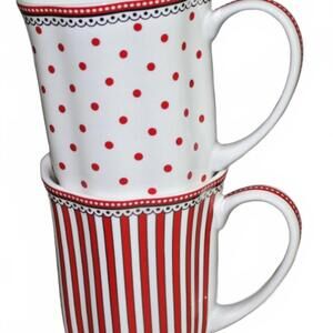 Grace’s Teaware Josephine Red Stripes & Dots Porcelain Coffee Mug Set of 2 NEW
